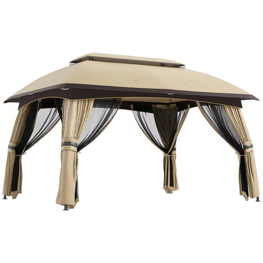 9.83-Ft X 13-Ft Outdoor Gazebo Canopy Shelter with Netting Beige Gazebo with Soft Top Roof